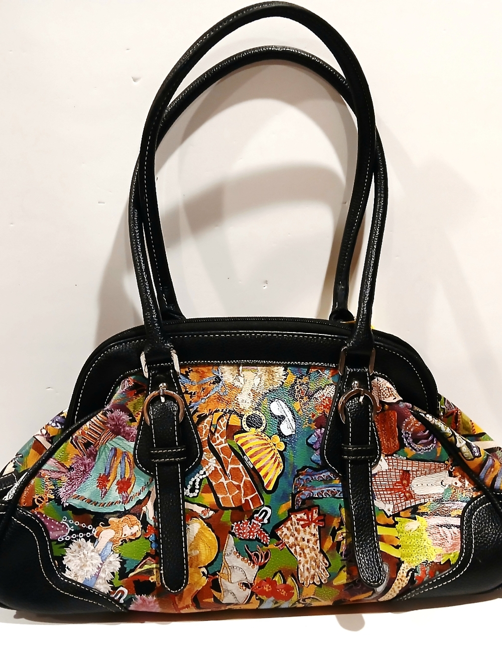 Vintage Retro Black Trim Multicolor Printed Sydney Love Shoulder Bag